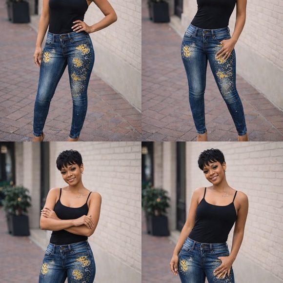 Y2K Low Rise Skinny Jeans Gold Rhinestone Embellished Denim - Picture 1 of 5